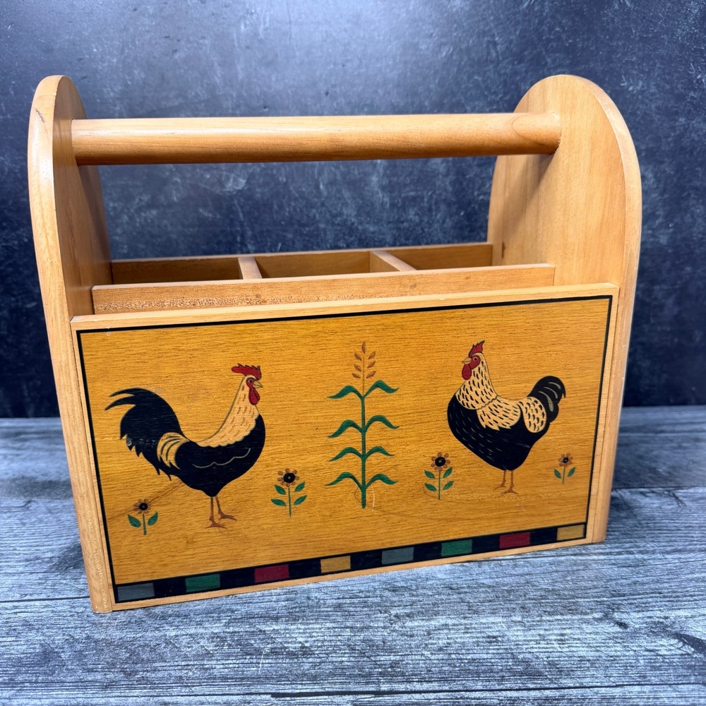 M. Kamenstein Wooden Caddy Rooster Folk Art Wood Brown 1990s Kitchen Organizer - Picture 2 of 8